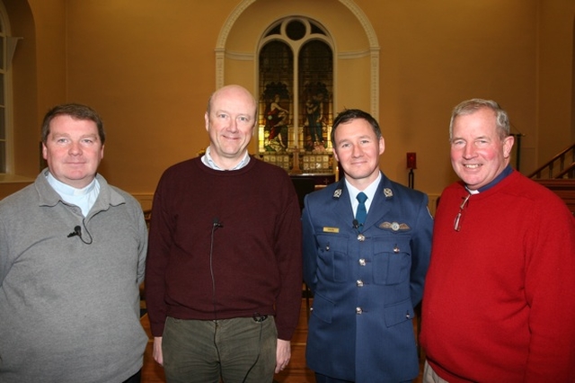 Pictured at an Ecumenical Lenten Talk in Rathfarnham are (l-r) Fr Brendan Madden, PP of Ballyroan RC Church, Andrew McNeile, Project Co-ordinator of the Ministry Formation Project, Commandant Jim Gavin of the Air Corps and Manager of the Dublin Under 21 Gaelic Football Team and the Revd Ted Woods, Rector of Rathfarnham.
