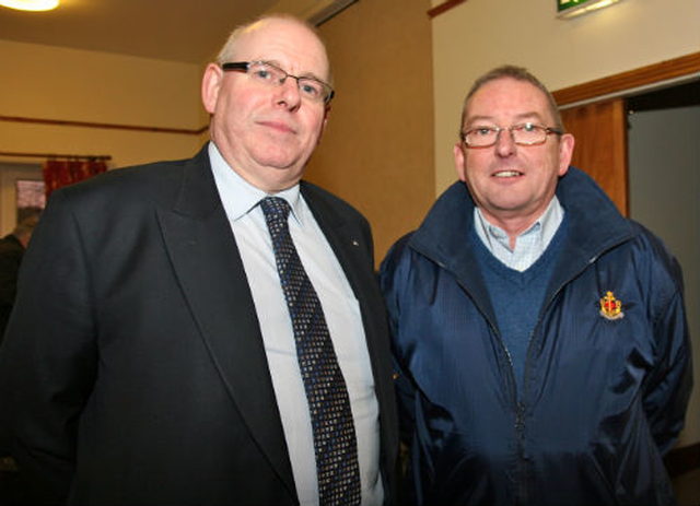 The national director of the Boys Brigade, Philip Daley with Gilbert Smart. They attended the New Year Bible Class of the Stedfast Association in the Mageough Chapel. 