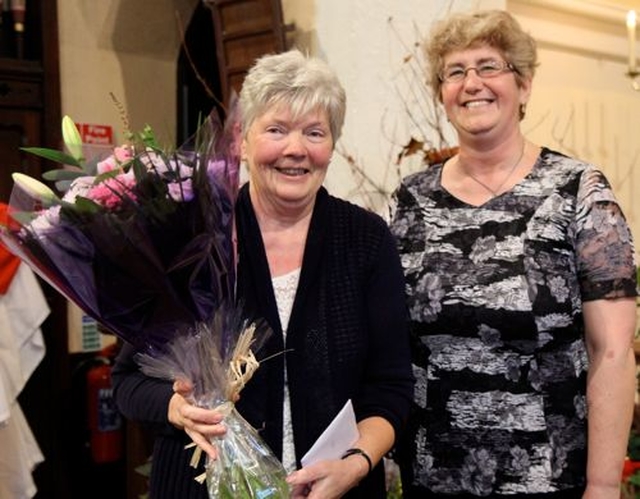 Maura Sheehan was presented with flowers by Georgina Masterson in honour of the huge amount of work she put into organising the decoration of Kilbride Church (Bray) for the church’s Festival of Fruit and Flowers. 