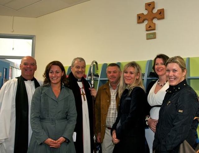 Neices of former principal of Powerscourt National School, Teresa Tinkler, gather at the cross dedicated in her memory in new school building. Pictured are Archdeacon Ricky Rountree, Jenny Guthrie, Archbishop Michael Jackson, craftsman Aidan Finlay, Esther Walsh and Pamela Hood. 