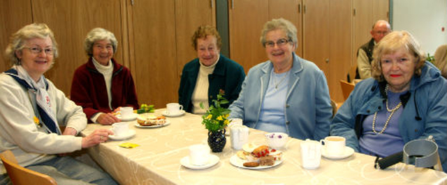 Antonette Beegan, Eleanor Ticher, Peg Kearns, June Roberts and Brenda Finlayson supported the Daffodil Day coffee morning at St Paul’s, Glenageary.