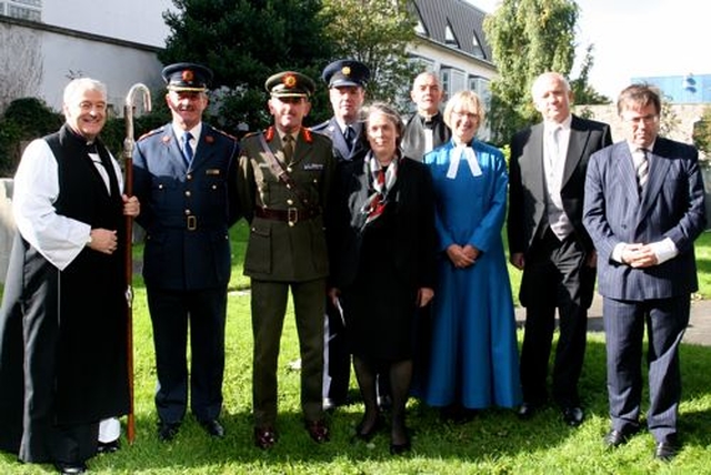 Archbishop Michael Jackson, Deputy Garda Commissioner Nacie Rice, Brigadier General Colm Campbell, Inspector Noel Doolan, Chief Justice Susan Denham, Archdeacon David Pierpoint, Revd Canon Dr Heather Morris,  Mr Justice Michael Moriarity and Mr Justice Gerard Hogan outside St Michan’s Church following the annual New Law Term Service on October 1. 