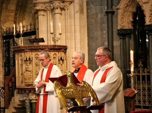 Archbishop Michael Jackson introduces the Confirmation service at Christ Church Cathedral with Dean Dermot Dunne and the Revd Garth Bunting. 