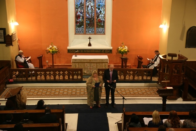 Pauline O'Shea Principal of St Georges NS Balbriggan and Robert Cashell, Chairman of the Board of Management lead the prayers at the service of thanksgiving to mark 150 years of the Schools' existence. In the background are the Patron of the School, the Archbishop of Dublin, the Most Revd Dr John Neill and the Rector of Holmpatrick, the Revd Alan Rufli.