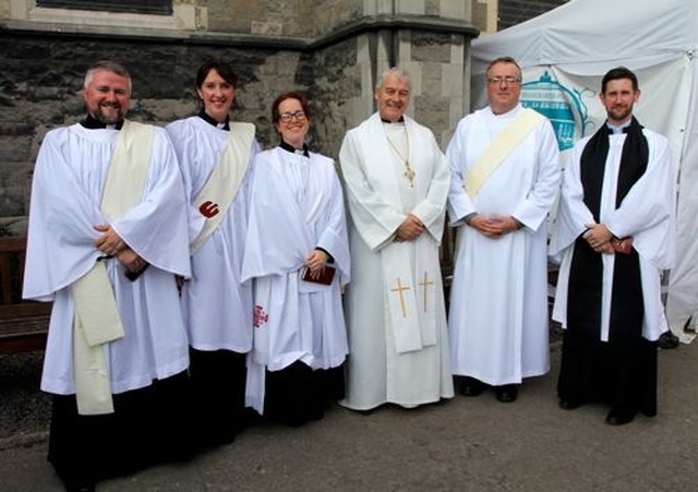 Newly ordained Deacons – the Revd Alan Breen, the Revd Cathy Hallissey, the Revd Abigail Sines, the Revd Kevin Conroy and the Revd David Martin with Archbishop Michael Jackson outside Christ Church Cathedral, Dublin, yesterday (Sunday September 21).