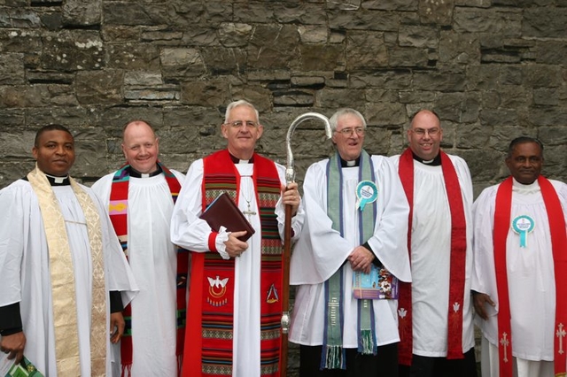 The clergy at the Discovery Harvest Service in Castleknock, (left to right) the Revd Obinna Ulogwara, Diocesan Chaplain to the International Community, the Revd William Deverell, Rector of Tallaght, the Archbishop of Dublin, the Most Revd Dr John Neill, the  Revd Canon Horace McKinley, Rector of Whitechurch, the Revd Andrew Orr, Rector of Castleknock and the Revd Ben Mahoabe Raja of the Church of South India.