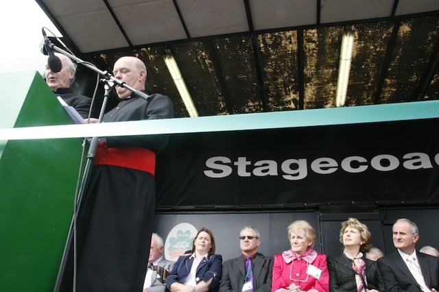 President Mary McAleese and Anna May McHugh, Managing Director and Secretary of the National Ploughing Association, look on as the Ven Ricky Rountree and Monsignor John Fitzpatrick bless the opening of the Championship.