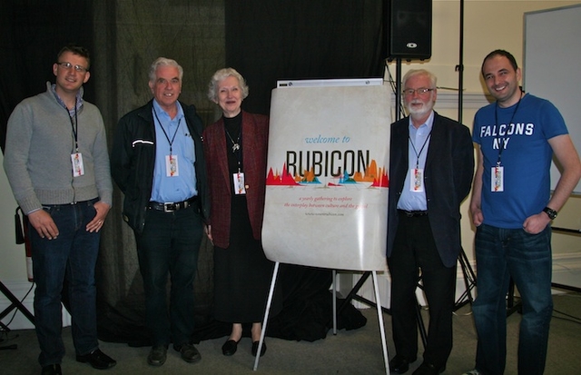 The Revd Rob Jones, conference organiser and vicar at Holy Trinity Church in Rathmines; speaker Fr Peter McVerry, Homeless Trust; speaker Phyllis Tickle, author of The Great Emergence; the Revd Canon Neil McEndoo, rector of Holy Trinity Church in Rathmines; and speaker Alan Scott, Causeway Vineyard, at the Rubicon Conference in Rathmines Town Hall. The conference is part of the Rathmines Church Project, due to be launched on Easter Sunday.