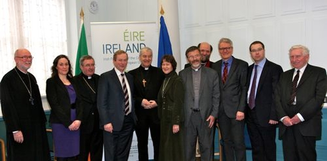 Members of the Irish and European Churches with the Taoiseach, Deputy Enda Kenny, in Government Buildings in Dublin on March 8. The meeting with the Irish EU Presidency was organised by the Irish Council of Churches on behalf of the Conference of European Churches (CEC) and the Commission of the Bishops’ Conferences of the European Churches and carried on the tradition of regular encounters between churches and successive EU Presidencies. Pictured (l–r) are Revd Fr Godfrey O’Donnell, President of the Irish Council of Churches and Chair of the Orthodox Network of Churches; Dr Nicola Rooney, Council for Justice and Peace of the Irish Episcopal Conference; Bishop William Crean, Bishop of Cloyne; An Taoiseach, Deputy Enda Kenny; Archbishop Michael Jackson, Church of Ireland Archbishop of Dublin; Gillian Kingston, Lay Leader of the Methodist Church in Ireland; Fr Patrick Daly, General Secretary of Comece; Michael Kuhn, Vice General Secretary of Comece; Revd Frank–Dieter Fischbach, Executive Secretary of CEC–Church and Society Commission; Mervyn McCullagh Executive Officer, Irish Council of Churches/Irish Inter Church Meeting; and Dr Kenneth Milne, Coordinator of European Engagement Group of the Irish Council of Churches/Irish Inter Church Meeting.