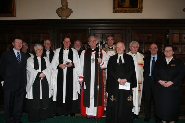 Pictured are the clergy at the 60th Annual Service of Thanksgiving for the Gift of Sport in Christ Church Cathedral (left to right) Frank Reynolds (Religious Society of Friends), the Revd Canon Ted Ardis, the Revd Canon Katharine Poulton, the Revd Canon John Clarke, the Revd Roy Byrne, Fr Godfrey O'Donnell (Romanian Orthodox Church), the Archbishop of Dublin, the Most Revd Dr John Neill, the Dean of Christ Church, the Very Revd Dermot Dunne, the Revd Dudley Levistone Cooney (Methodist Church), the Very Revd Ivan Tonge (Roman Catholic Church), Leonard Abrahamson (Chairman of the Jewish Representative Council) and Captain Andrea Cooper (Salvation Army)