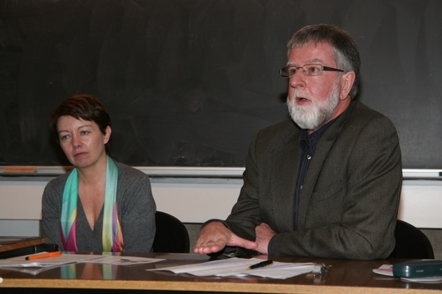 Pictured is Justin Kilcullen, Director of Trócaire at Where to Now? A seminar on ethics in Trinity College Dublin organised by the Church of Ireland Chaplaincy in the University. Also pictured is Professor Linda Hogan of the Irish School of Ecumenics.