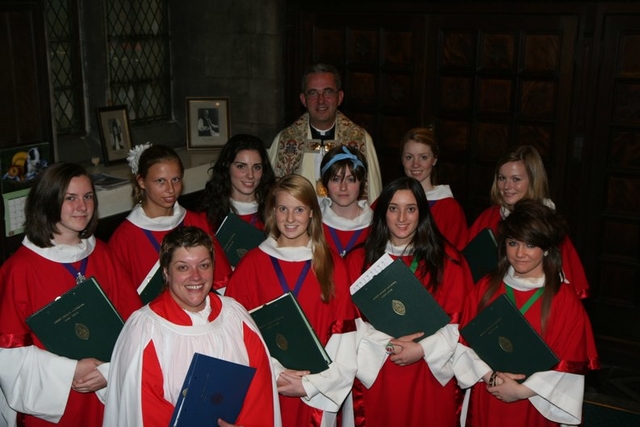 Members of the Christ Church Cathedral Girls Choir presented with awards by RSCM (Royal School of Church Music) in Christ Church Cathedral recently. Also pictured (back) is the Dean of Christ Church, the Very Revd Dermot Dunne and (front) Director of Music, Judy Martin.