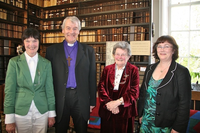 Ann Simmons, deputy keeper; the Most Revd Dr Michael Jackson, Archbishop of Dublin; Muriel McCarthy, keeper; and Sue Hemmens, assistant librarian, at the launch of a new exhibition of bibles in Marsh's Library, Dublin.