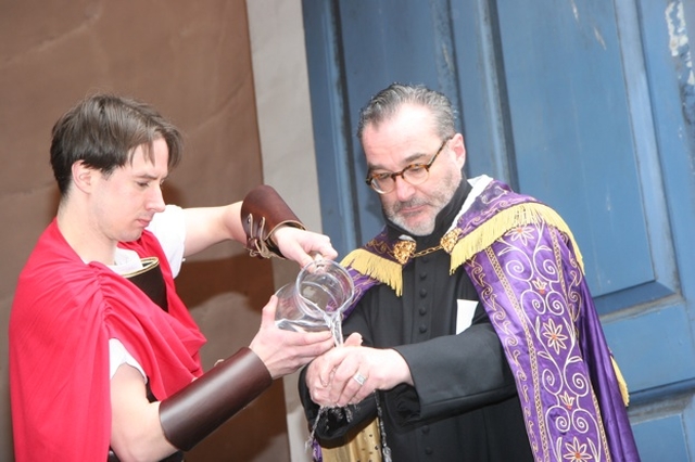 Pilate (Joseph O'Gorman) washes his hands at the St Werburgh's Parish Passion Play.