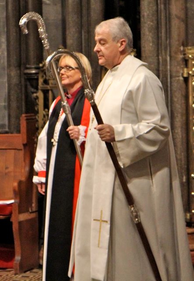 Bishop Pat Storey and Archbishop Michael Jackson prepare to leave Christ Church Cathedral following the service of consecration on Saturday November 30. 