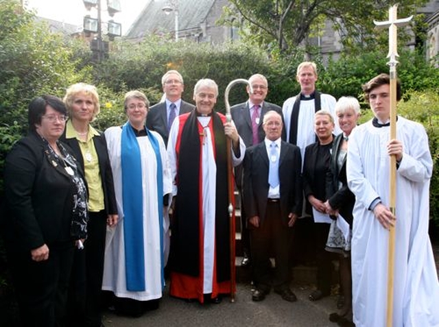 The newly commissioned Lay Ministers Gillian Deane, Brendan Sheehan, Shona Rusk and James Kilbey and Parish Readers Helen Gorman and David Reynolds with the Archbishop of Dublin, the Most Revd Dr Michael Jackson; the Director of Lay Ministries, Revd John Tanner; secretary of the Guild of Lay Ministries, Uta Raab; preacher at the service, Dr Anne Lodge; and metropolitan cross bearer Donal Byrne.