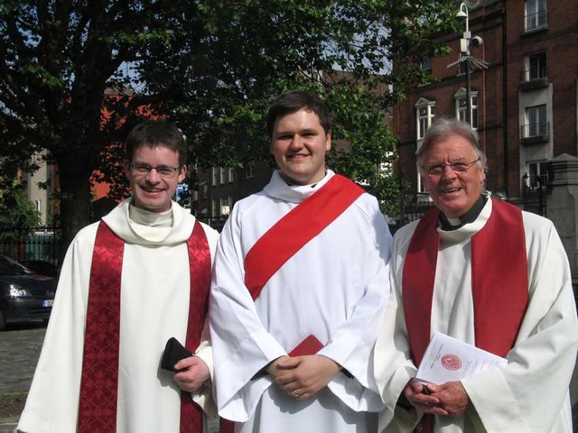 Pictured after his ordination as Deacon is the Revd Stephen Farrell (centre) with his fellow clergy in Taney Parish, the Revd Canon Desmond Sinnamon, Rector (right) and Curate, the Revd Niall Sloane.