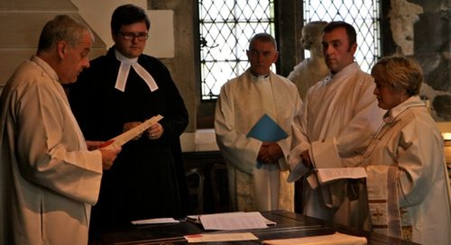 Edna Wakely and Rob Clements with Archbishop Michael Jackson, registrar, Revd Stephen Farrell and Archdeacon David Pierpoint, prior to their ordination as deacons in Christ Church Cathedral. 