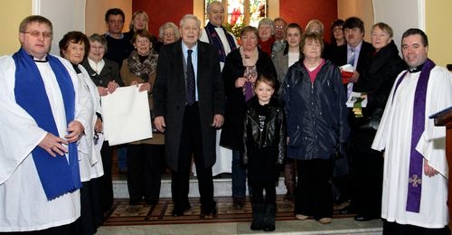 Archbishop Michael Jackson dedicated a number of gifts to St Mullin’s Church, Timolin, at a special service this morning (Sunday December 15). The Archbishop is pictured with the rector, the Revd Isaac Delamere, lay reader, Philip Hendy and parish reader, Avril Gillatt and those who presented the gifts which were donated by the Mothers’ Union, the Hegarty family, the Holmes family, the Glynn family and the Hendy family. 