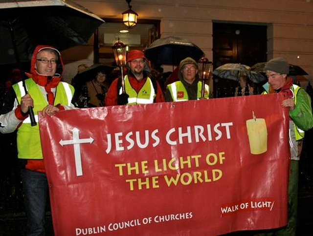 Participants in the Ecumenical Walk of Light prepare to set off from Adelaide Road Presbyterian Church in torrential rain. This is the eighth year of the walk which involved members of Adelaide Road Presbyterian Church; St Finian’s Lutheran Churches; Dublin Korean Church; Holy Trinity Rathmines, Church of Ireland; Methodist Centenary Church; Church of Our Lady of Refuge, Roman Catholic; St Ann and St Stephen’s, Church of Ireland; St Mary’s, Roman Catholic Church; St Bartholomew’s and Christ Church, Leeson Park, Church of Ireland; Newman University Church, Roman Catholic; St Teresa’s Carmelite Church, Roman Catholic; and the Ethiopian Orthodox Church. 