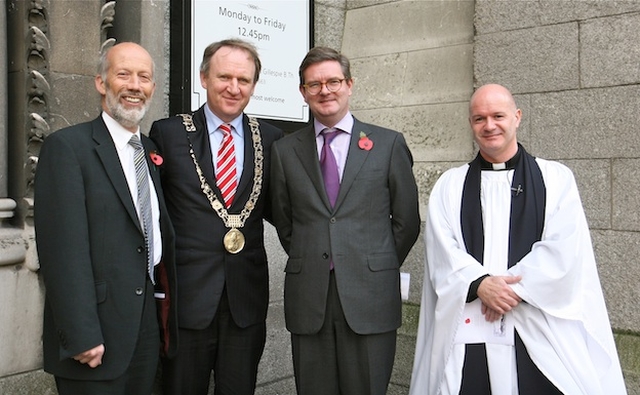 Pictured at the Armistice Day Service, St Ann's Church, Dawson St, were  David Ford, Minister for Justice in Northern Ireland; Gerry Breen, Lord Mayor of Dublin; H E Julian King, British Ambassador; and the Revd David Gillespie, Vicar at St Ann's.