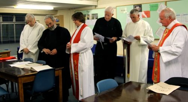 The declarations are read prior to the institution of the Revd Lesley Robinson as the new rector of Clontarf by Archbishop Michael Jackson on September 20. The service took place in Mount Temple Comprehensive School as the Church of St John the Baptist is currently being renovated. Pictured are Archbishop Michael Jackson, the Revd Robert Marshall (deputy registrar), the Revd Lesley Robinson, Canon Robert Deane (rural dean), Archdeacon David Pierpoint and the Revd Dr Tom Corbett (PP Roscrea). 