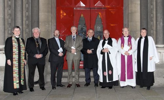 The Revd Vanessa Wyse Jackson, Cllr Larry O’Toole, the Revd Alan Boal, Desmond Campbell, Tony Ward, Canon David Gillespie, Fr Michael Foley and the Revd Yvonne Ginnelly before the annual Ecumenical Service of Thanksgiving for the Gift of Sport in St Ann’s Church.
