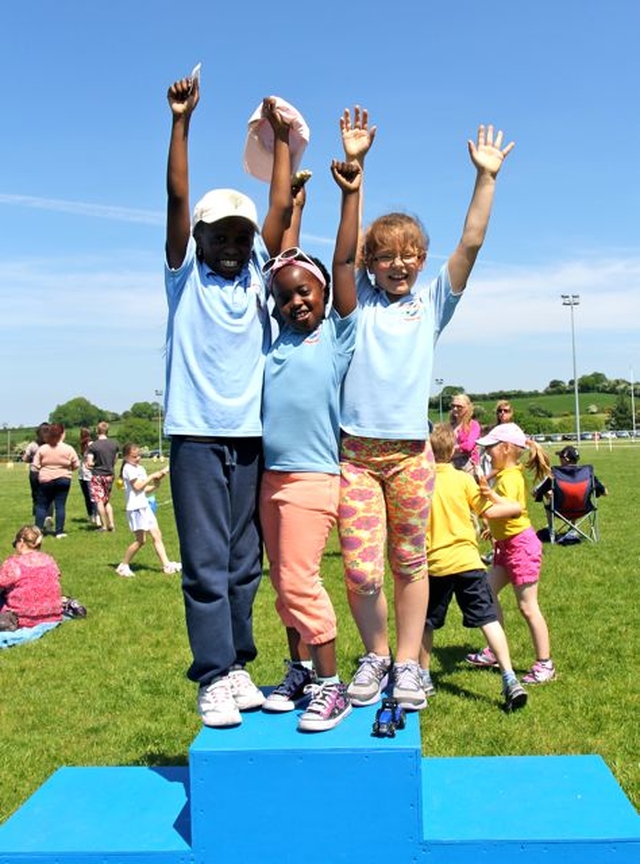 Children practice on the winners’ podium at the sports day in Dunlavin GAA Centre. The sports were part of the West Glendalough Children’s Choral Festival on Friday June 7 which was hosted this year by the Jonathan Swift National School. 