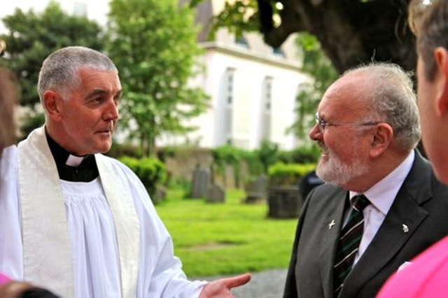 Archdeacon David Pierpoint chats to Senator David Norris following the service celebrating a new name and a new home for Us. (formerly USPG) on Wednesday May 29 in St Michan’s Church. 