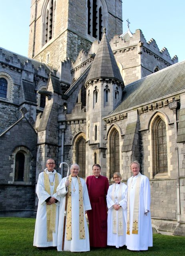 The Dean of Christ Church Cathedral, Dublin, the Very Revd Dermot Dunne; the Archbishop of Dublin, the Most Revd Dr Michael Jackson (who performed the consecration), the Bishop of Limerick, Killaloe and Ardfert, the Right Revd Kenneth Kearon; the Bishop of Meath and Kildare, the Most Revd Pat Storey; and the Bishop of Tuam, Killala and Achonry, the Right Revd Patrick Rooke (consecrating bishops) outside Christ Church Cathedral prior to the Service of Consecration. 