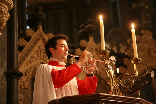 Pictured is John Mountford, Organ Scholar in Christ Church Cathedral playing the trumpet at the Festival Eucharist to mark the 175th Anniversary of the Foundation of the Oxford Movement.