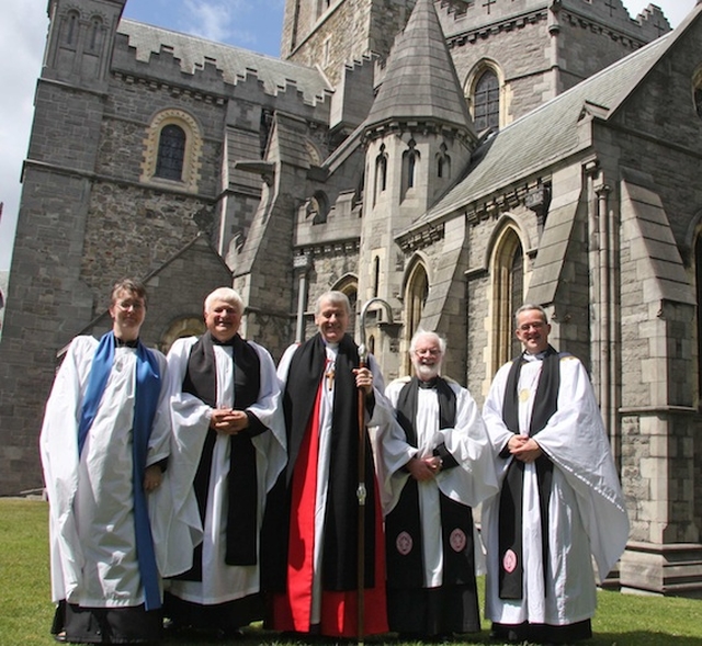 Dr Anne Lodge, Principal of CICE; the Ven Edgar Swann; Lecturer in CICE and former Archdeacon of Glendalough; the Most Revd  Michael Jackson, Archbishop of Dublin and Bishop of Glendalough; Canon Neil McEndoo, Chaplain to CICE; and the Very Revd Dermot Dunne, Dean of Christ Church Cathedral, pictured prior to the Service of Thanksgiving to mark the bicentenary of the establishment of the Kildare Place Society. Photo: The Ven David Pierpoint, Archdeacon of Dublin.