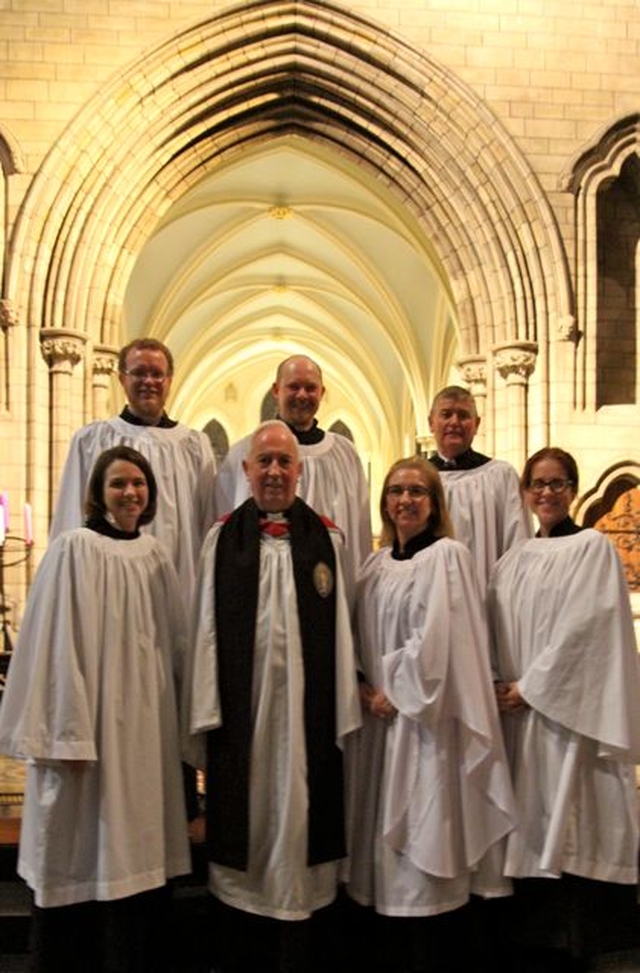 Church of Ireland Theological Institute lecturer, Dr Katie Hefflefinger and her tutorial group who put together the order of service for the institute’s Advent Carol Service are pictured with the Dean of St Patrick’s Cathedral, the Very Revd Victor Stacey. The service took place in the cathedral’s Lady Chapel on December 4. 