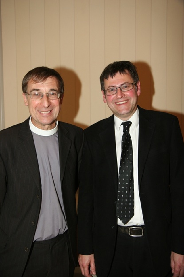 Pictured are the Revd Denis Campbell, Chairman of the Irish Council of Christians and Jews (ICCJ) with Dr Edward Kessler, Fellow of St Edmunds College Cambridge who delivered a paper on A Jewish Response to Changing Christian Attitudes to Jews and Judaism in Samuel Taca Hall close to Terenure Synagogue. 