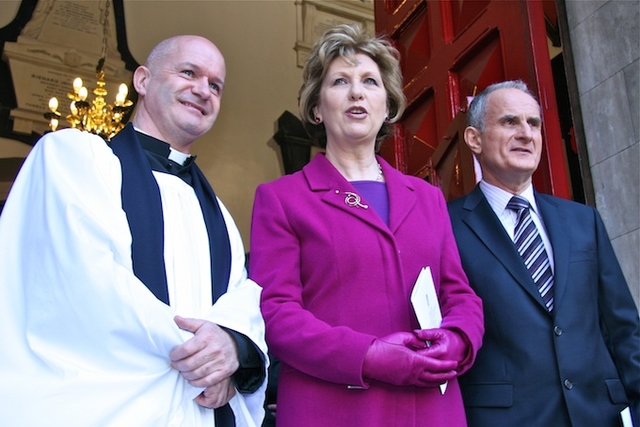 The Revd David Gillespie, Vicar; Mary McAleese, Uachtarán na hÉireann; and Martin McAleese, pictured after the service to mark the assembly of the 31st Dáil, St Ann’s Church, Dawson Street.