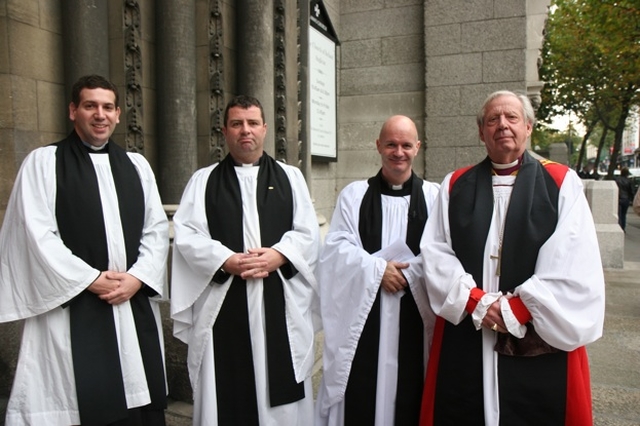 Pictured are clergy at the Boys Brigade Founder's Thanksgiving Parade Service in St Ann's Church, Dawson Street, (left to right) the Revd Victor Fitzpatrick, Curate, St Ann's, the Revd Derek Sargent, Chaplain, Republic of Ireland Region, the Revd David Gillespie, Vicar of St Ann's and the Rt Revd Samuel Pointz, Honorary Chaplain of the Boys Brigade.