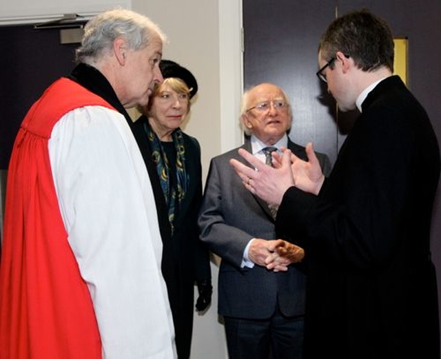 The Rector of Holy Trinity, Killiney, the Revd Niall Sloane, outlines the work done at the newly refurbished Carry Centre to President Michael D Higgins and his wife Sabina and the Archbishop of Dublin, the Most Revd Dr Michael Jackson at the official opening on Sunday January 25. 