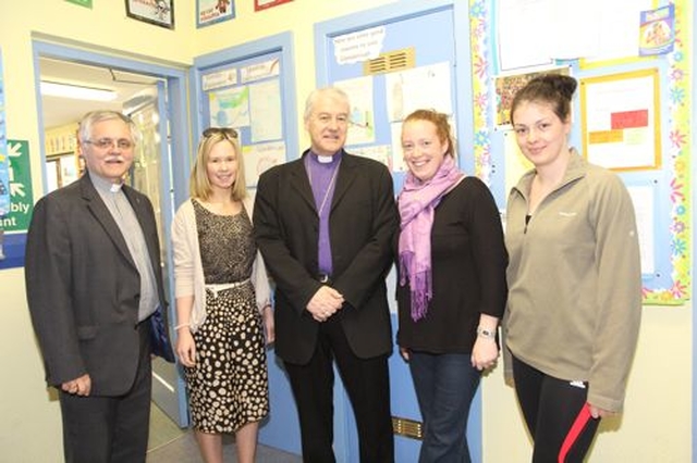 During a visit to Killiskey Parish in Glendalough Archbishop Michael Jackson visited Nun’s Cross School. Pictured are the Revd Ken Rue, principal Rachel Harper, Archbishop Michael Jackson and teachers Lorraine Gannon and Jane Honner. 