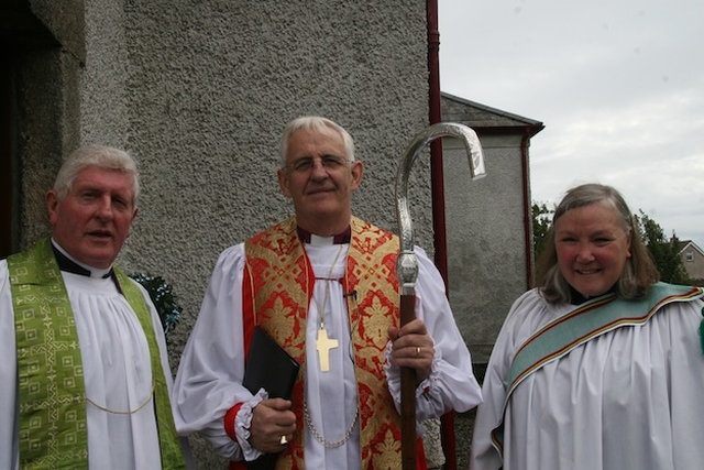 The Revd Jim Carroll, Rector; the Most Revd Dr John Neill, The Archbishop of Dublin; and 
the Revd Martha Waller, Curate; pictured after the service to commemorate the 250th Anniversary of the Parish of St John the Evangelist, Coolock. 