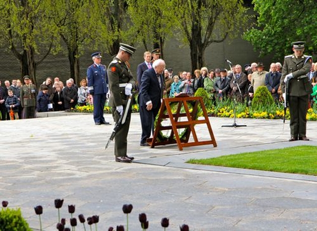 President Michael D Higgins lays a wreath at the memorial to the 1916 Leaders in Arbour Hill at the annual 1916 Commemoration this morning (Wednesday May 8).