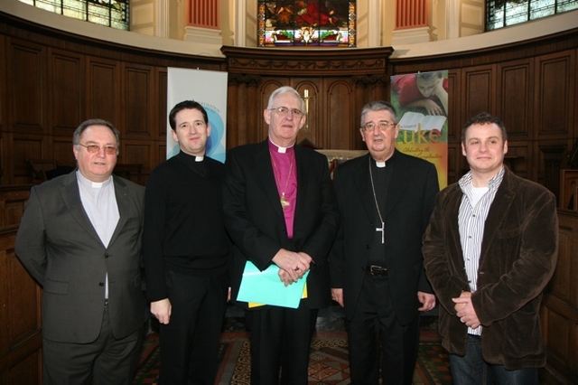 Pictured are the Archbishops of Dublin, the Most Revd Diarmuid Martin (2nd right) and the Most Revd Dr John Neill (3rd right) with the chaplaincy team in Trinity College Dublin, the Revd Peter Sexton (RC Chaplain), the Revd Darren McCallig (CofI Chaplain) and the Revd Julian Hamilton (Methodist Chaplain) at the launch of the Gospel of Luke in the College Chapel.