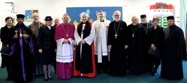 Church leaders who attended the inaugural service for the Week of Prayer for Christian Unity 2015 in St Bartholomew’s Church, Clyde Road, Dublin 4. They are Yvonne Langebach (Lutheran Church), Abba Yohannes Amsalu (Ethiopian Orthodox Church), Rev John Parkin (Methodist Church), Major Gillian Dicker (Salvation Army), Fr Fachtna McCarthy, (parish priest of Haddington Road), Archbishop Diarmuid Martin, Archbishop Michael Jackson, Fr Damian McNeice (RC – DCC chair), Fr Godfrey O’Donnell (Romanian Orthodox), Fr Tom Carroll (Greek Orthodox), Fr John Hickey (Antiochian Orthodox), Niamh Hardiman (Religious Society of Friends / Quakers – DCC vice chair), Fr Raul Simion (Romanian Orthodox).