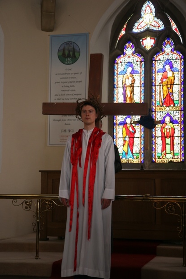 Jesus, played by John Godfrey, a parishioner of St Patrick's Enniskery arrives at the Church at the Ecumenical Procession of the Cross in Enniskerry.