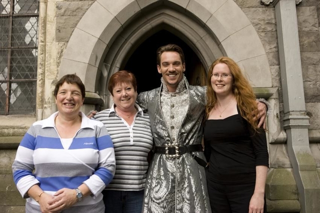 Film Star, Jonathan Rhys Myres who plays Henry VIII in the Tudors TV Series with Cathedral Staff (left to right) Lesley Rue, Angela McGroggan and Sarah Drumm. Filming of the Tudors took place in Christ Church Cathedral recently.