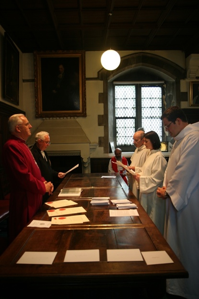 Pictured reading their declarations prior to their ordination to the Priesthood in Christ Church Cathedral are (right, background to foreground), the Revd Anne-Marie O'Farrell, the Revd Robert Lawson and the Revd Stephen Farrell. Also pictured are the Archbishop of Dublin, the Most Revd Dr John Neill and the Registrar, the Revd Canon Victor Stacey.