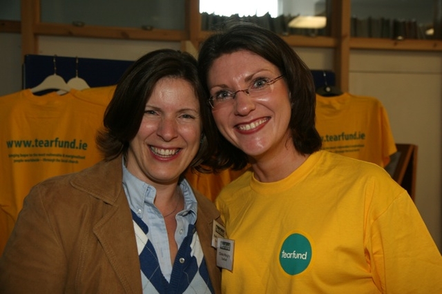 Kate Ó Ceallaigh (left) and Cliona Murphy, both of Tearfund Ireland at the Tearfund Hosted seminar in the Trinity Exchange church in Dublin on Tearfund's work in Haiti and Uganda.