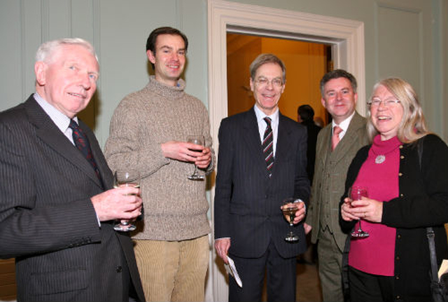 Chairman of Christ Church Cathedral Culture Committee, Dr Kenneth Milne; bell ringer, Martin Kelly; Eric Finch; Scott Hayes; and member of the board of Christ Church, Jean Finch enjoy the reception for the launch of the ‘Christ Church Restored’ exhibition in the Irish Architectural Archive on Merrion Square.