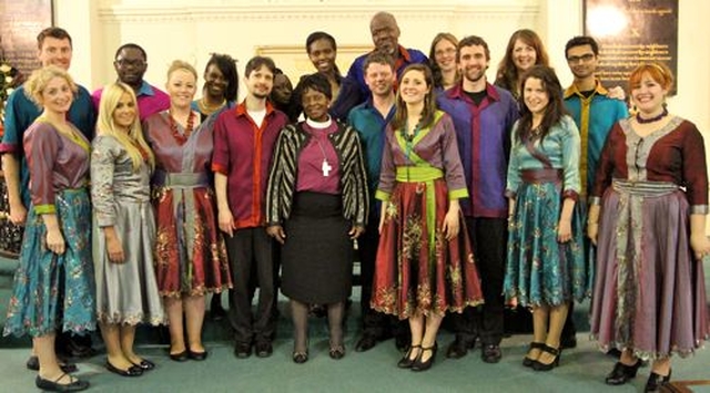 The Rt Revd Ellinah Wamukoya, Bishop of Swaziland (centre) with the Discovery Gospel Choir in St Michan’s Church following the service celebrating a new name and a new home for Us. (formerly USPG) on Wednesday May 29.