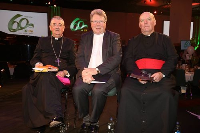 Archbishop Diarmuid Martin, the Revd Dr Michael Barry and Archdeacon Ricky Rountree at the event celebrating the 60th anniversary of the Irish Farmers’ Association which took place in the National Convention Centre on January 6. (Photo courtesy of IFA)
