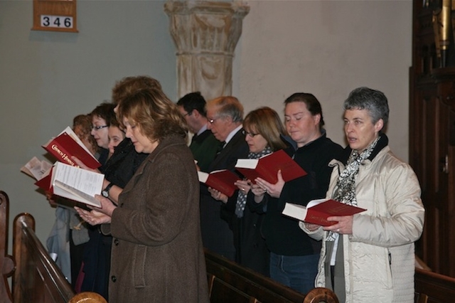 The choir pictured at the service to dedicate the St Francis stained glass window in Sandford Parish Church. 